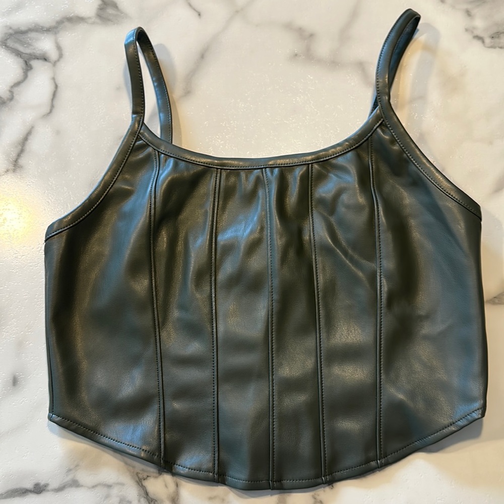 NWT faux leather crop top. Brand: Kirious Color: dark olive green Size: L